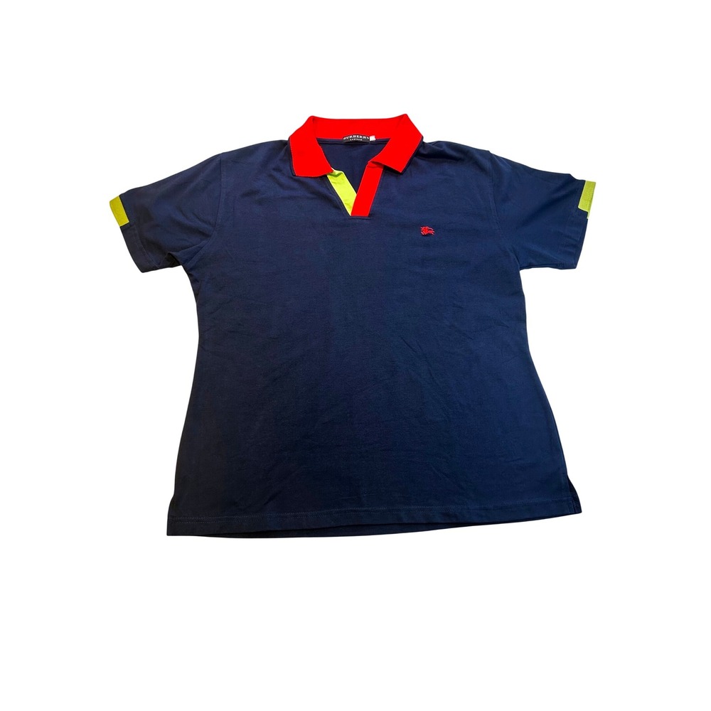 Burberry London Mens Navy Blue Colorblock V-Neck Polo Shirt Red Lime Green Logo